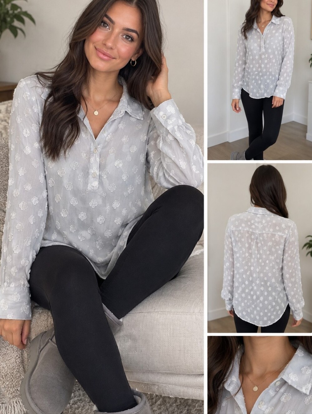 Honey Punch Pale Gray Sheer Floral Appliqué Button-Front Shirt Size M